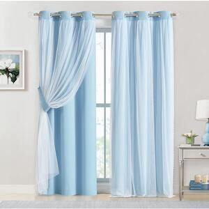 NEW Bujasso Double Layer 80% Blackout Curtains with Sheer Overlay,  Sky Blue 84"
